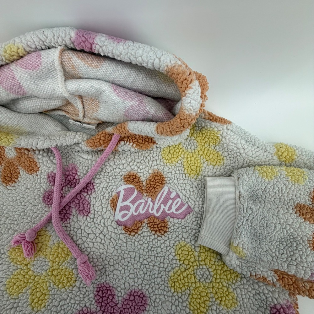Barbie Kids Fleece Hoodie Colorful Flower Print Hooded Sweatshirt Size Medium